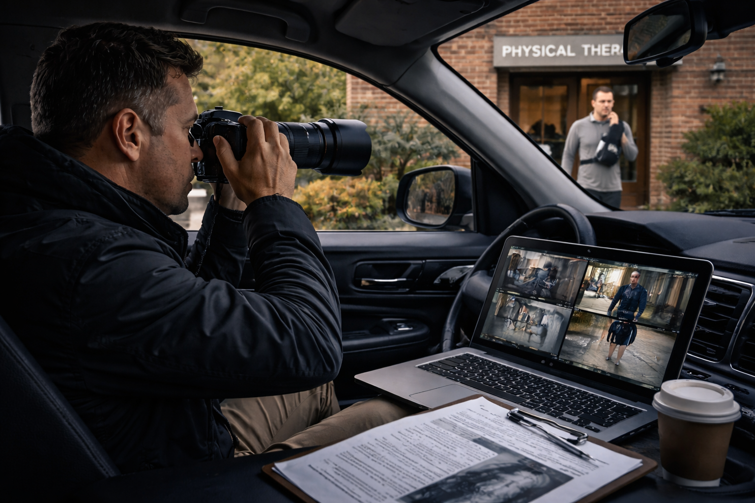 Insurance defense investigator conducting surveillance during insurance claim investigation