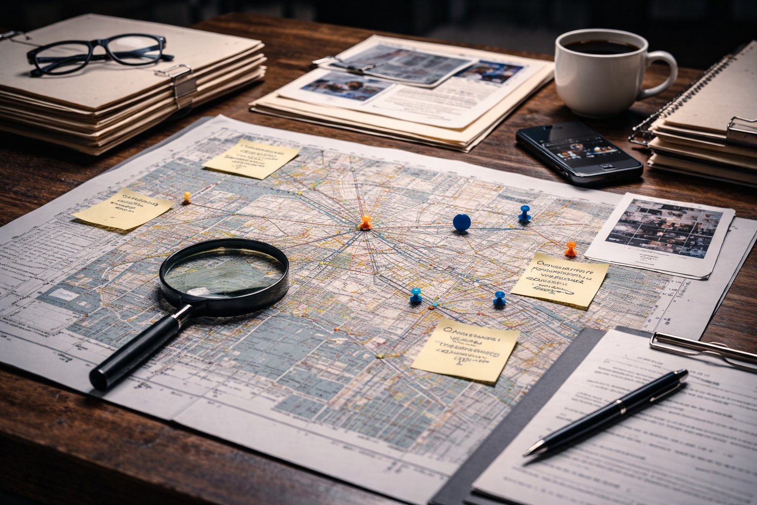 Investigator analyzing map with notes, files, and magnifying glass during research and intelligence investigation