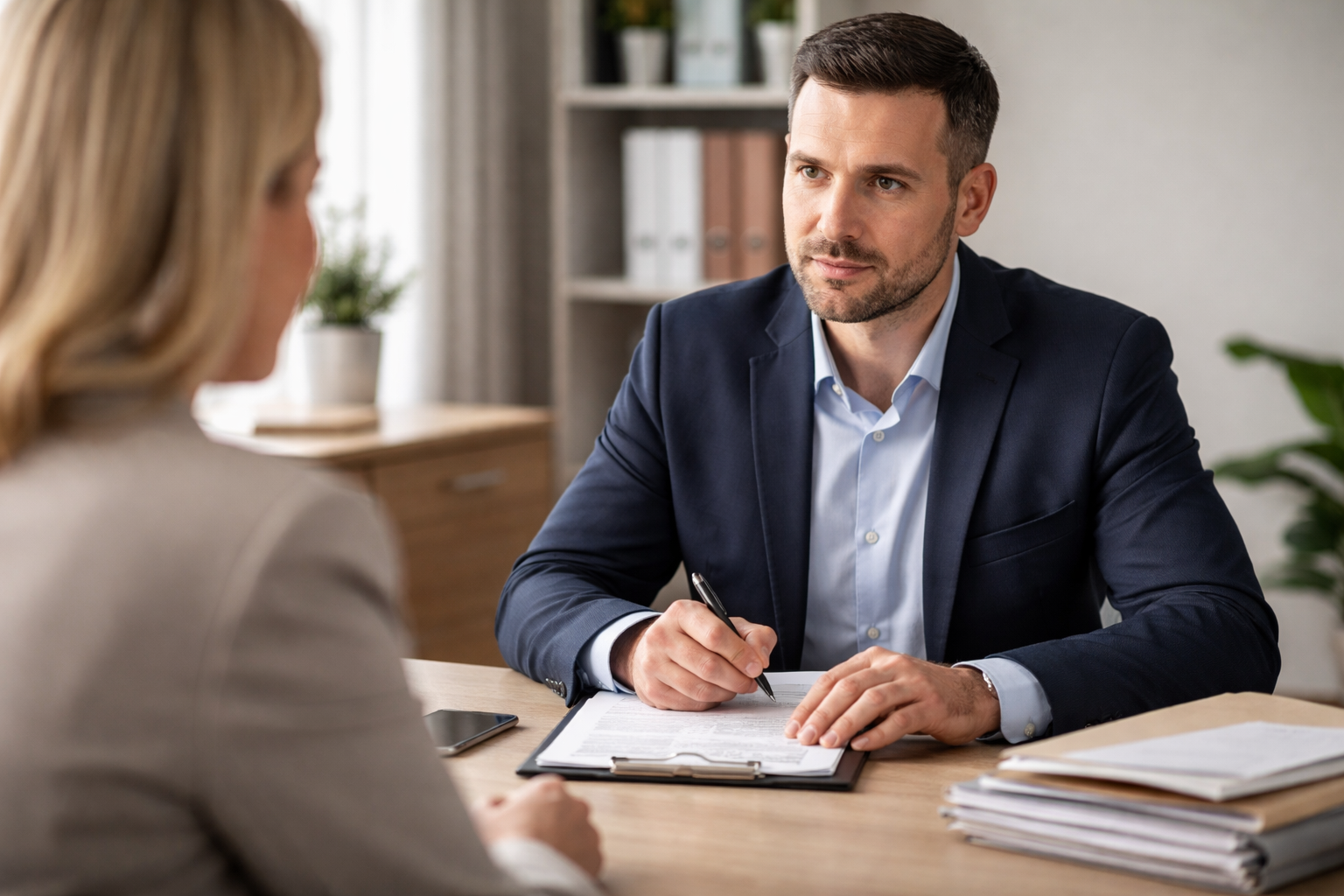 Private investigator conducting a professional interview and documenting a witness statement in an office setting