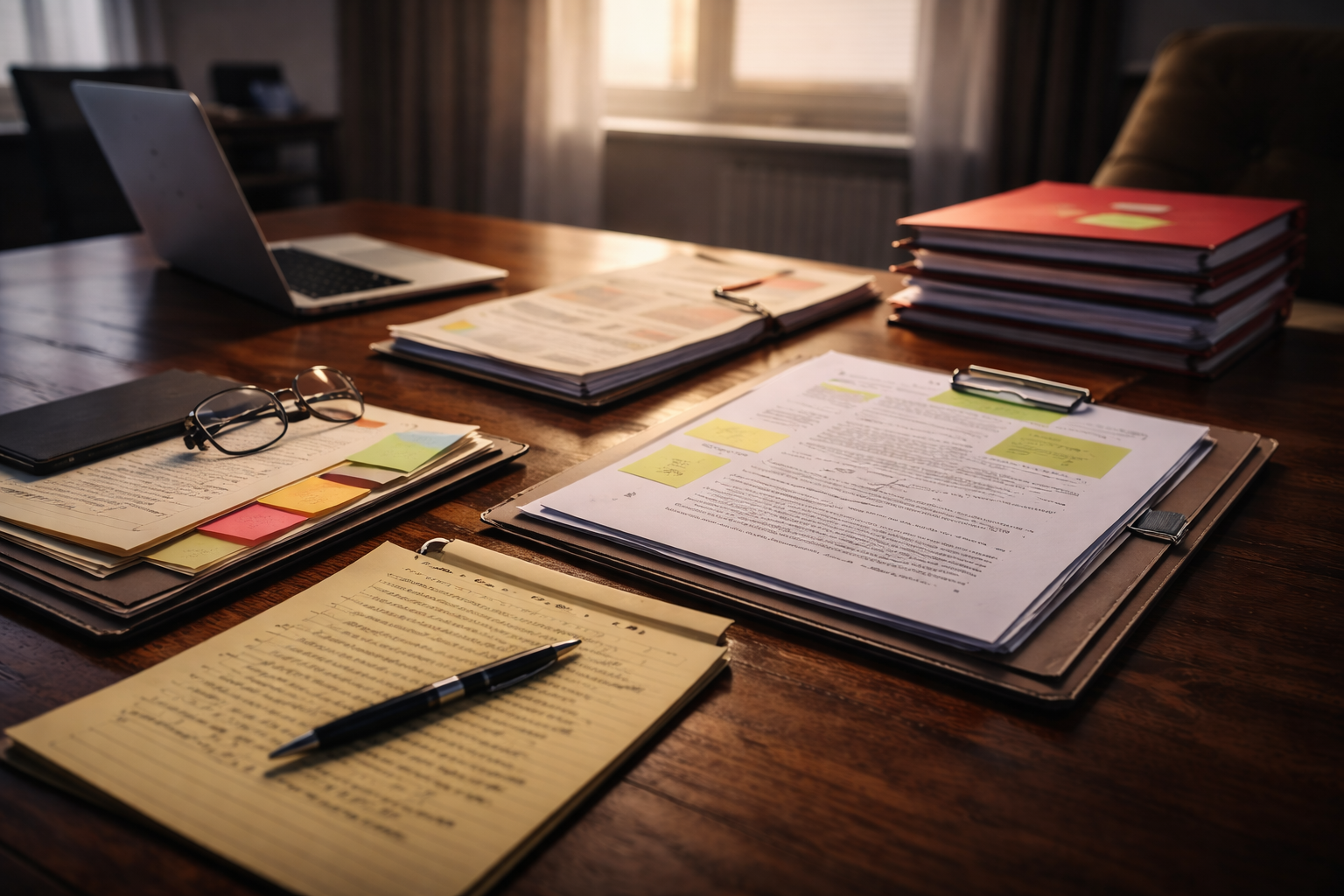 Litigation support and trial preparation workspace with legal documents, investigative files, and case notes on desk