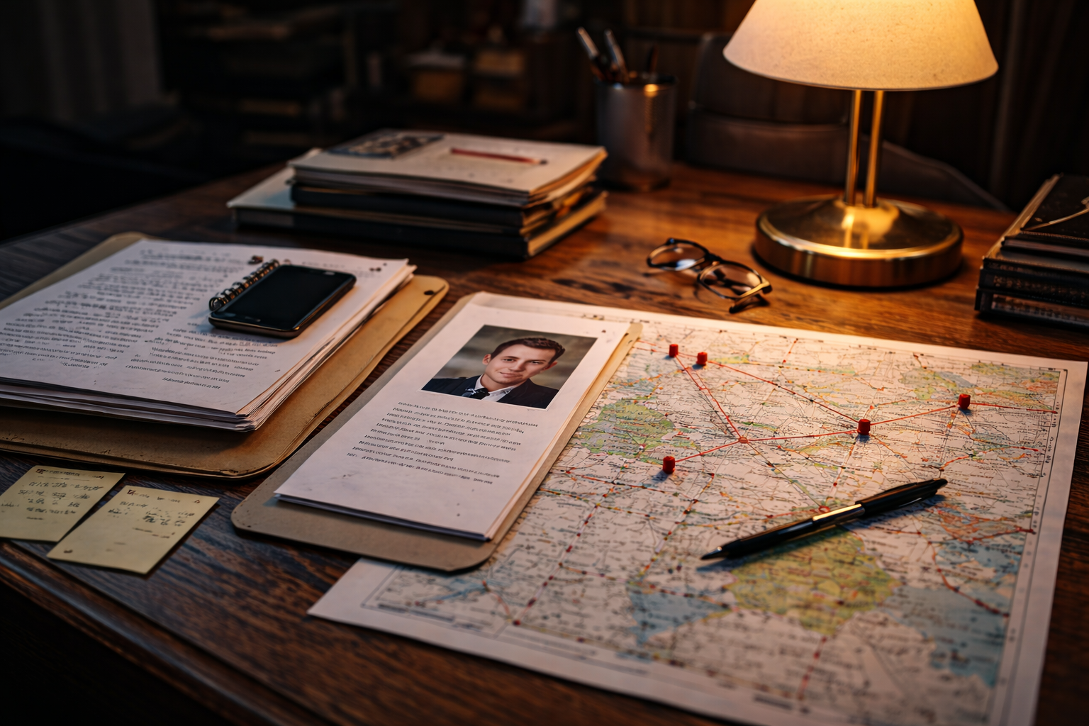 Investigation workspace with map, notes, and case file used for people location and skip tracing investigation