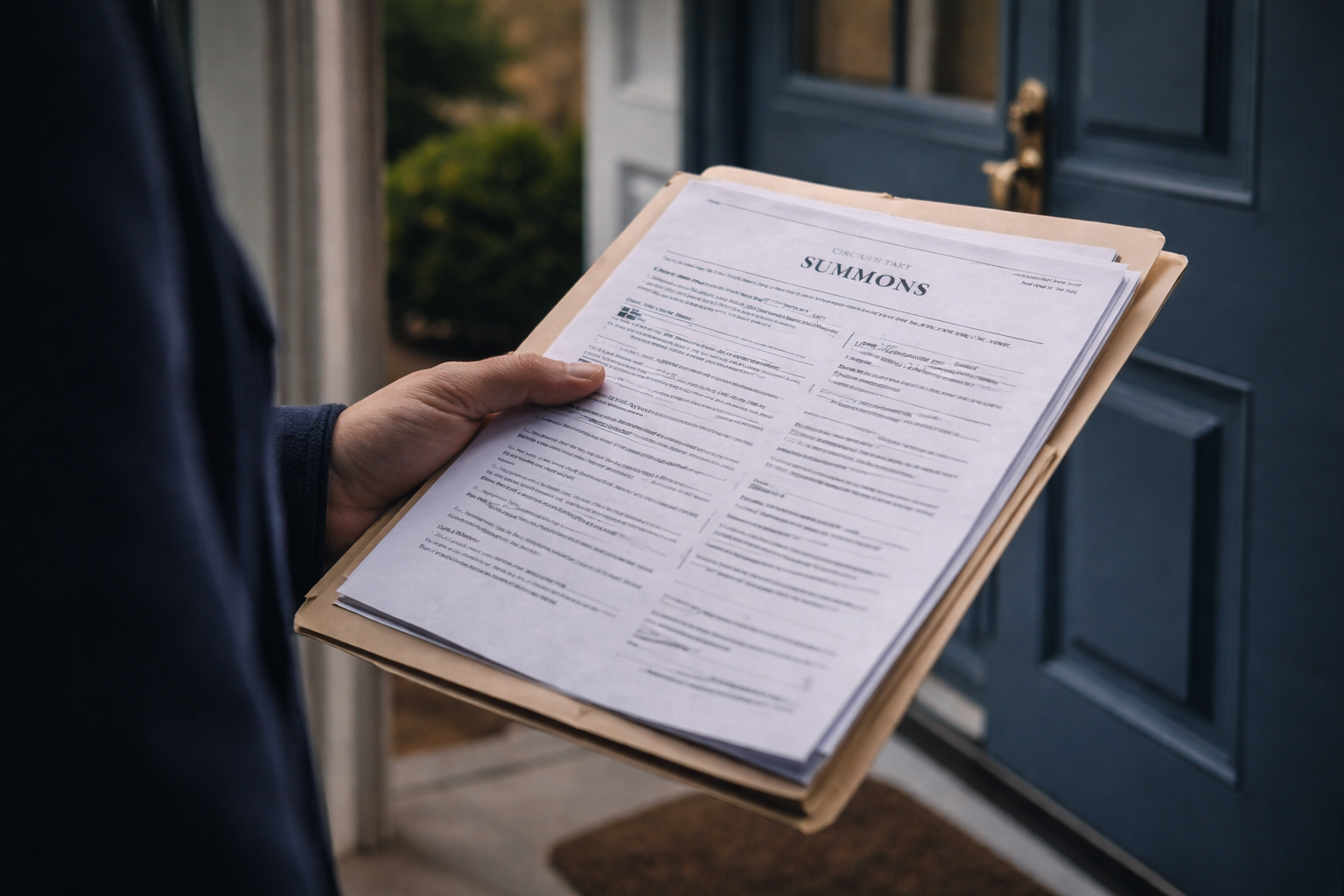 Process server delivering legal summons and court documents at residential door