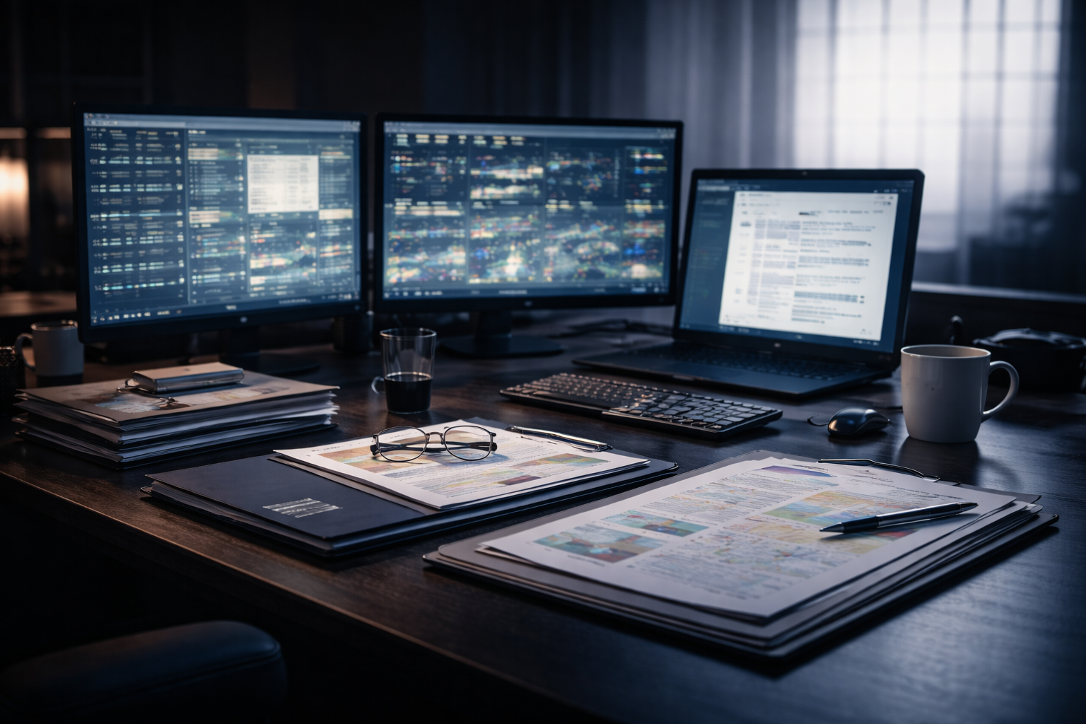 Investigative research and intelligence analysis workstation with multiple monitors, reports, and case files