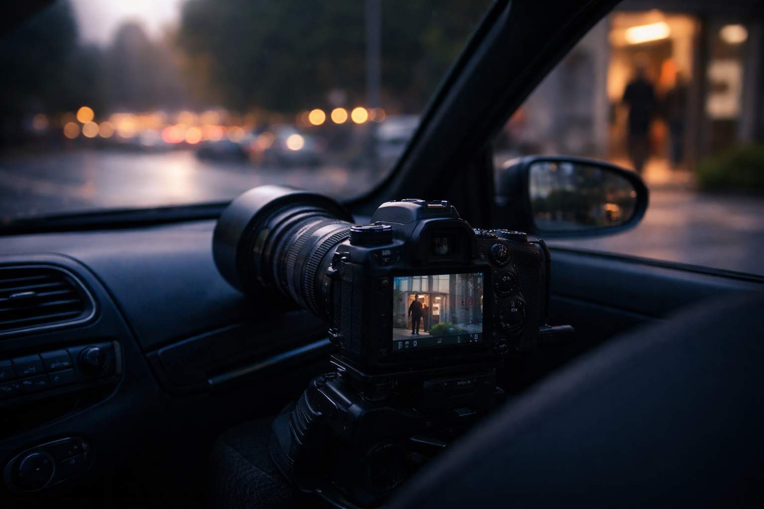 Professional surveillance investigation using camera with telephoto lens from inside vehicle