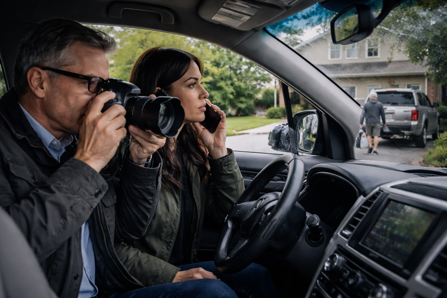 Private investigators conducting surveillance from a vehicle in a residential neighborhood during a workers compensation investigation