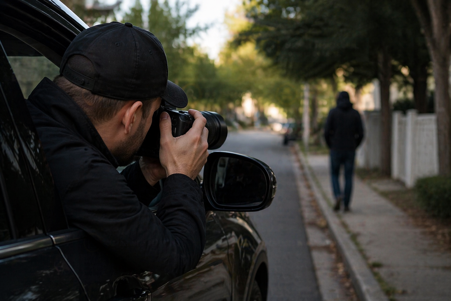 Investigator conducting discreet surveillance from a vehicle while observing an individual walking down a residential street