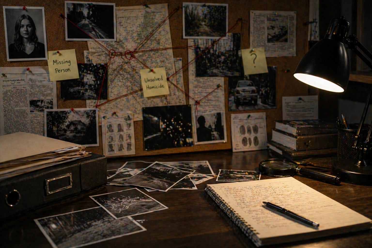 Detective workspace with investigation board, photographs, and notes connected by strings representing a cold case analysis