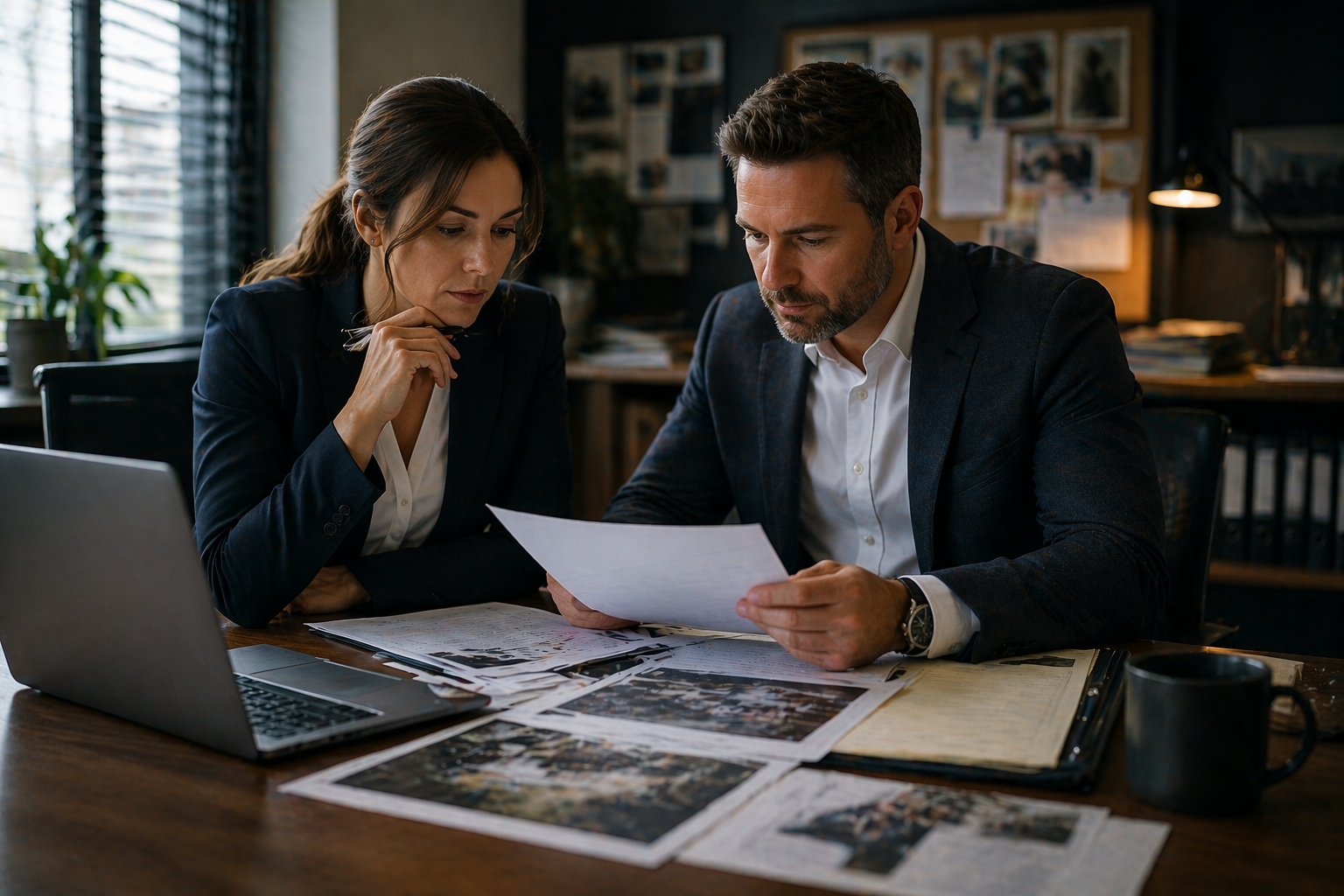 Investigators reviewing financial documents and evidence during an internal employee theft investigation