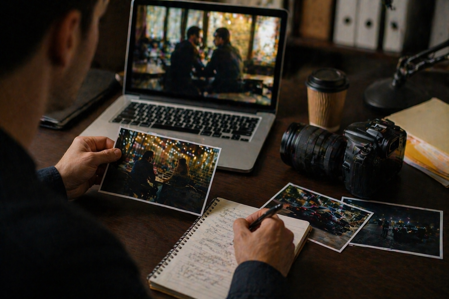 Investigator analyzing photographs and notes at a desk while reviewing potential infidelity evidence