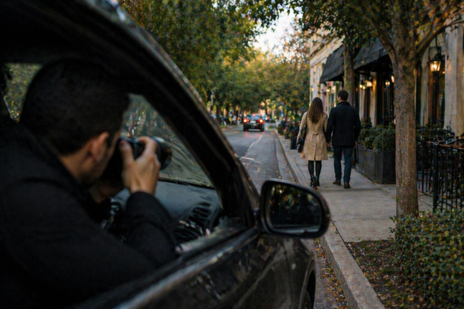 Investigator conducting discreet surveillance from a distance while observing a couple walking along a city sidewalk