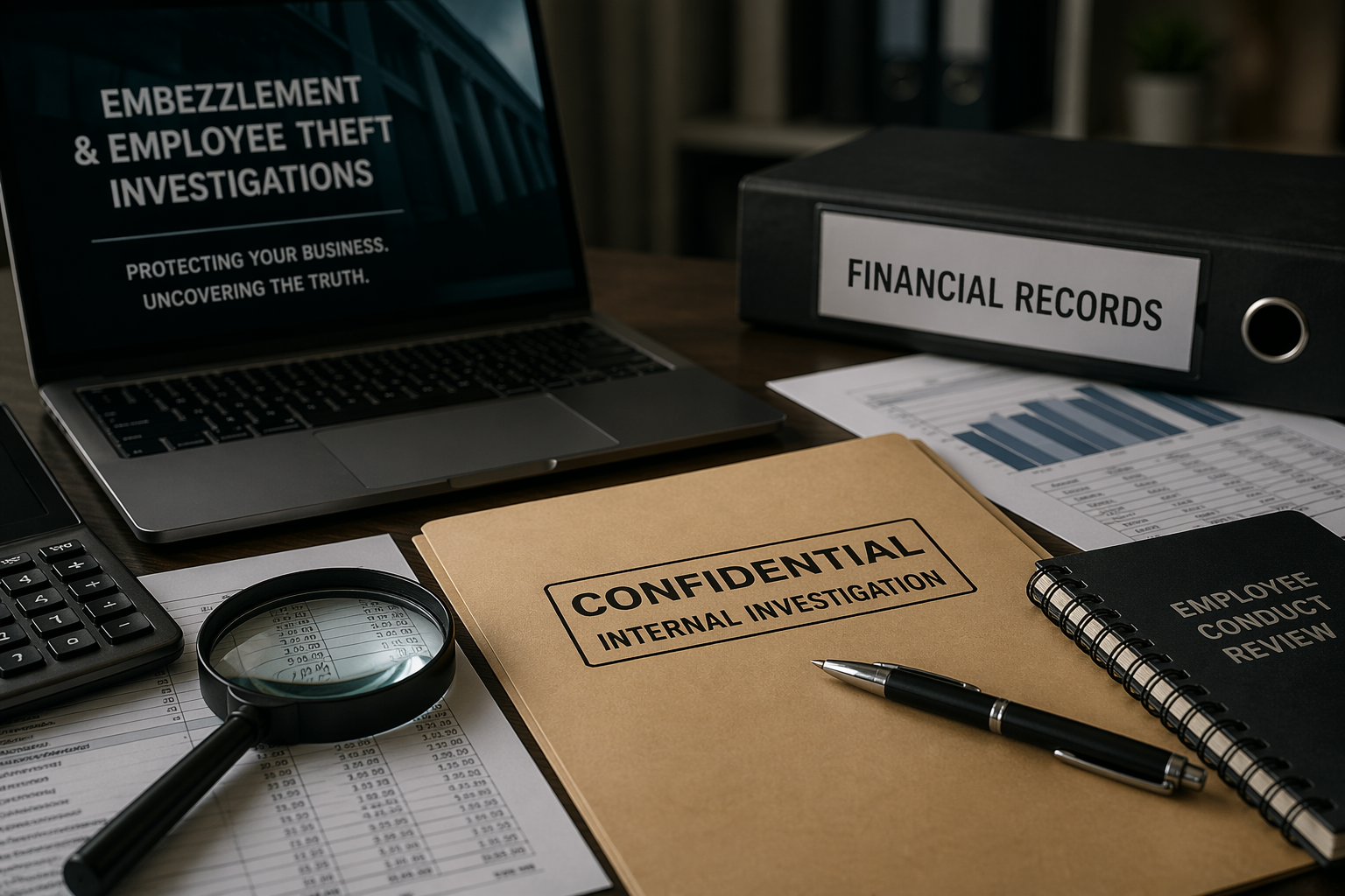 Financial records, documents, and investigative materials arranged on a desk during an internal fraud investigation