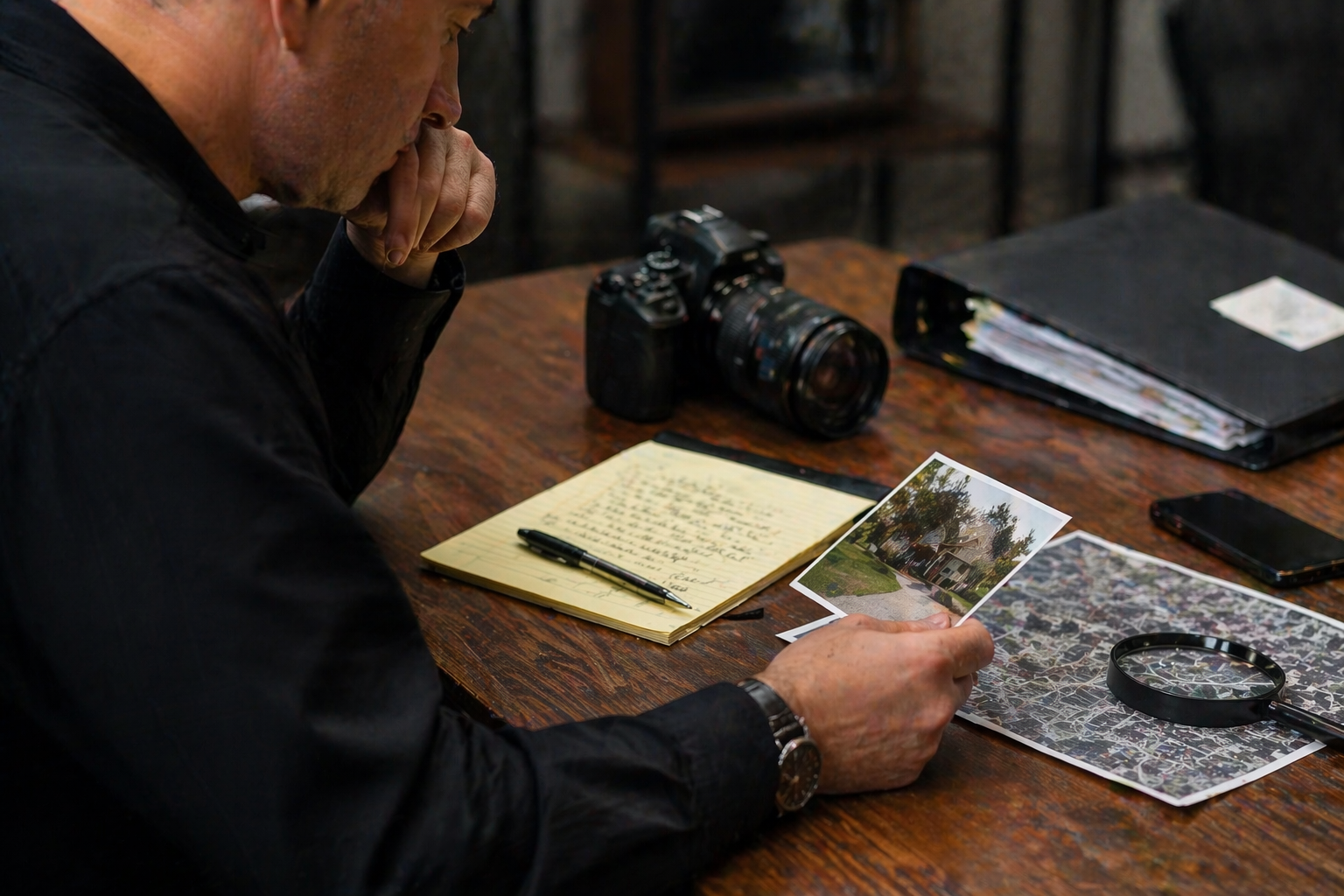 Private investigator reviewing photos and notes at a desk while analyzing case details