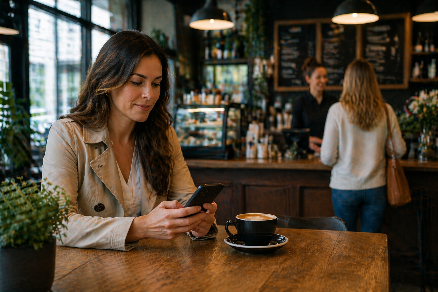 Woman using smartphone in a café while observing customer service interactions during a mystery shopper evaluation