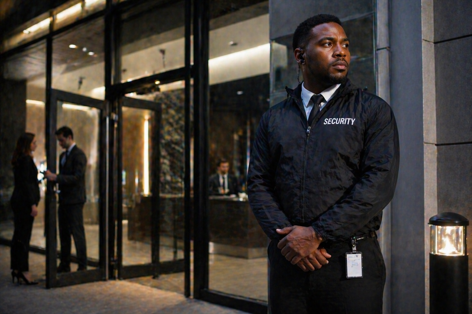 Professional security guard standing alert at the entrance of a modern commercial building monitoring activity