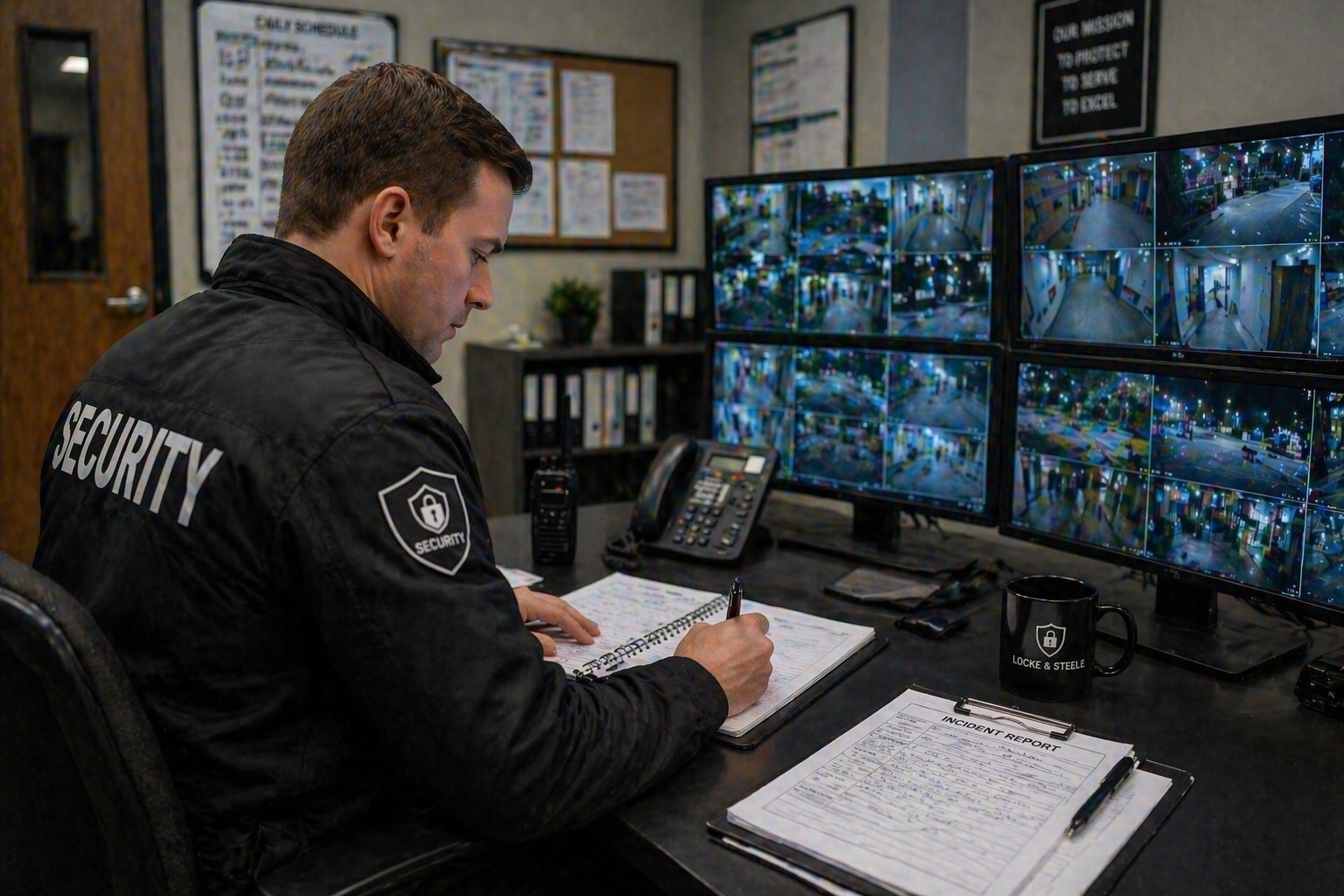 Security guard monitoring surveillance cameras and recording activity logs in a control room