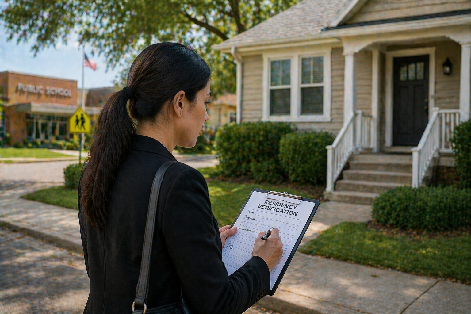 Investigator documenting student residency outside a home in a residential neighborhood